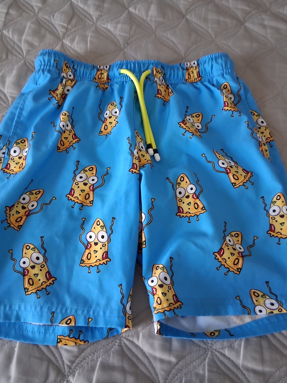 Surfcuz boys Blue Pizza Cartoon Swim Trunks with Neon Drawstring size 10/12